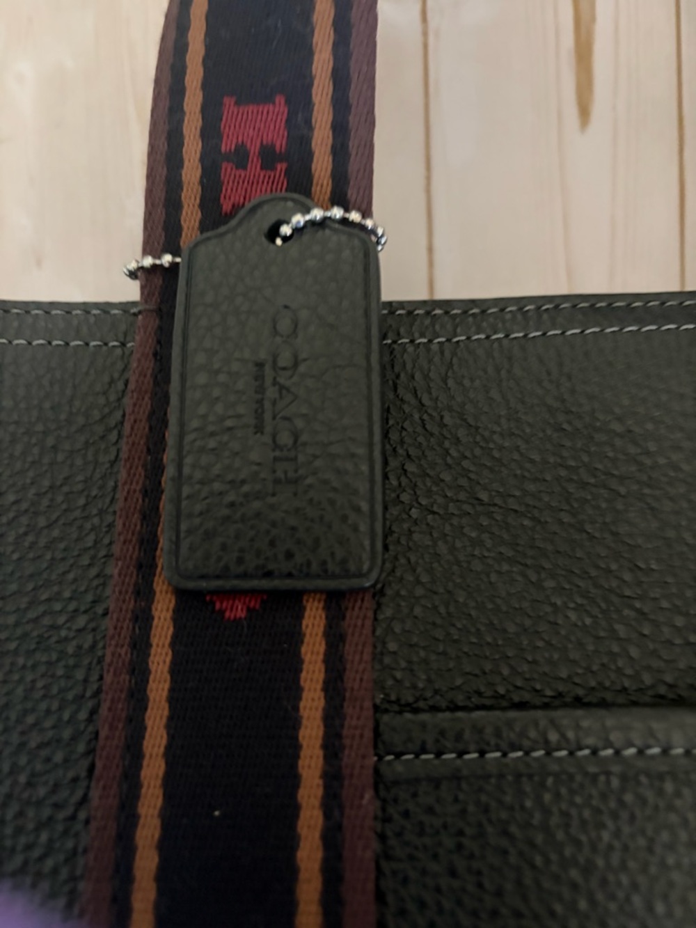 Coach Black Leather Tote with Brown and Red Logo Web Straps - Picture 4 of 10